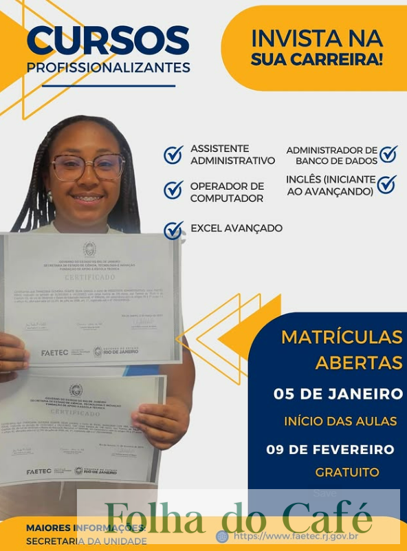 Piraí - FAETEC abre inscrições para cursos profissionalizantes gratuitos