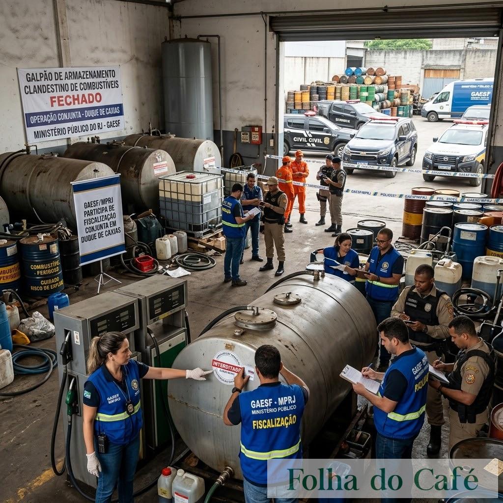 GAESF/MPRJ participa de fiscalização conjunta que fecha galpão de armazenamento clandestino de combustíveis em Duque de Caxias