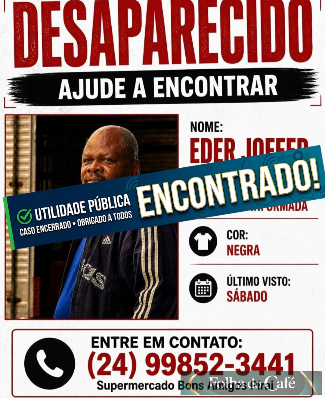 Morador de Piraí que estava desaparecido é encontrado em bom estado de saúde em Barra do Piraí