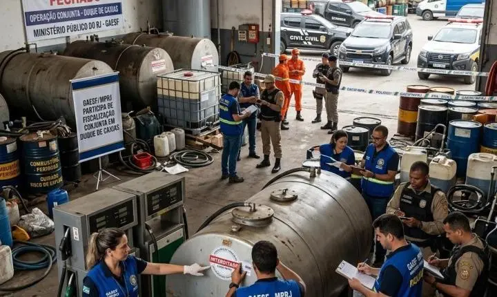 GAESF/MPRJ participa de fiscalização conjunta que fecha galpão de armazenamento clandestino de combustíveis em Duque de Caxias